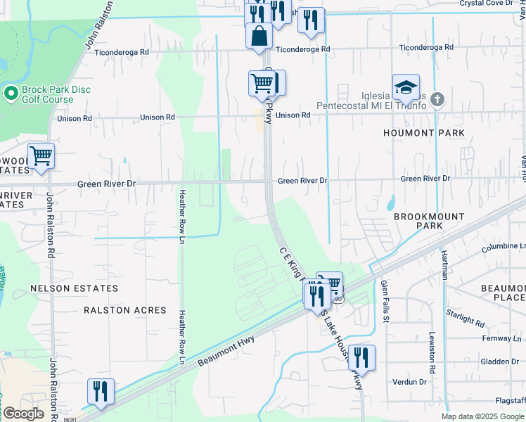 map of restaurants, bars, coffee shops, grocery stores, and more near 7945 C E King Parkway in Houston