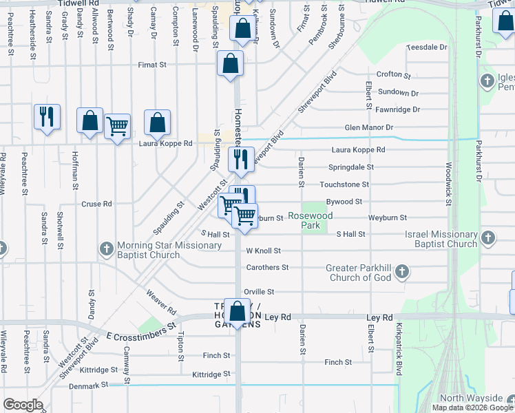 map of restaurants, bars, coffee shops, grocery stores, and more near 7118 Touchstone Street in Houston