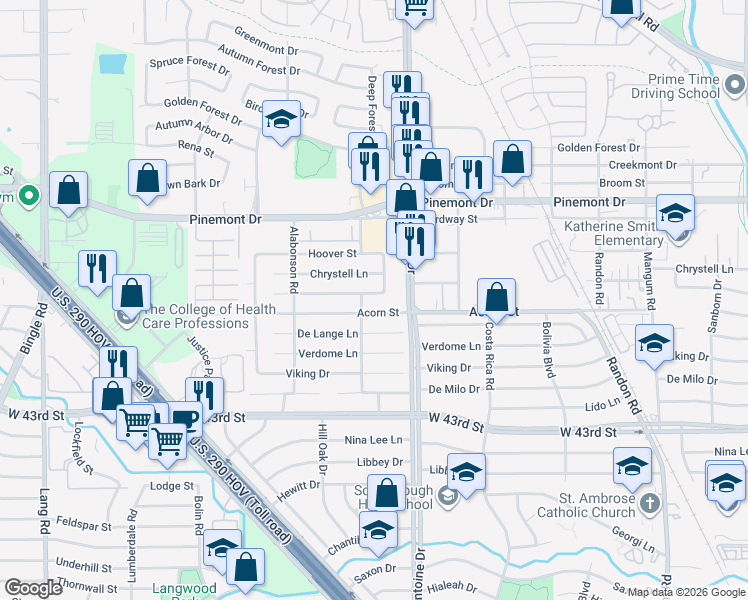 map of restaurants, bars, coffee shops, grocery stores, and more near 5715 Chrystell Lane in Houston