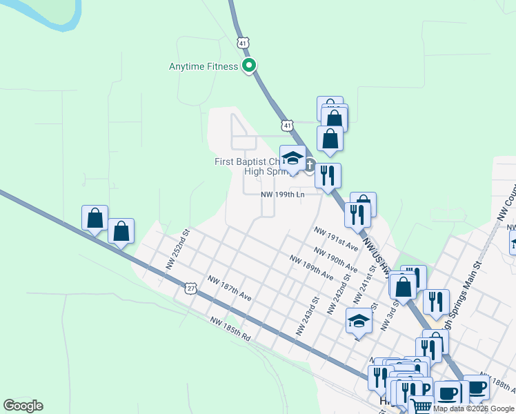 map of restaurants, bars, coffee shops, grocery stores, and more near 19980 Northwest 248th Street in High Springs