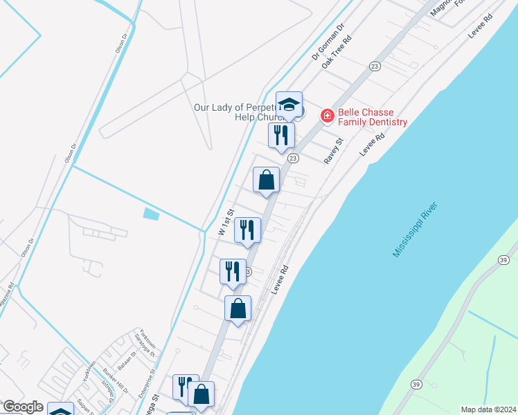 map of restaurants, bars, coffee shops, grocery stores, and more near 109 Concord Street in Belle Chasse