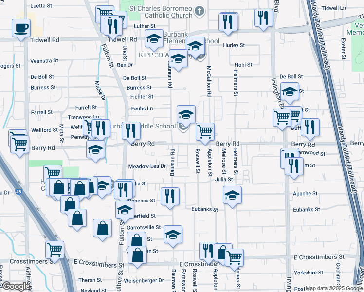 map of restaurants, bars, coffee shops, grocery stores, and more near 411 Berry Road in Houston