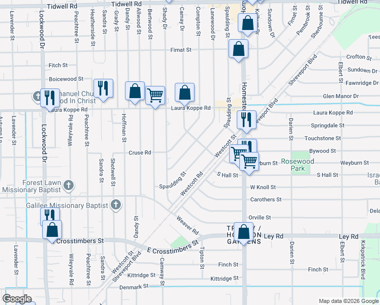 map of restaurants, bars, coffee shops, grocery stores, and more near 8431 Lanewood Street in Houston