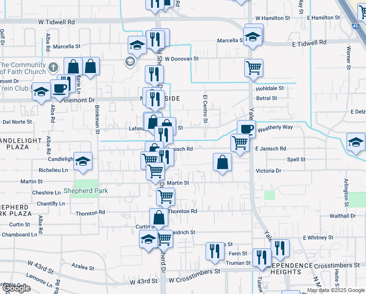 map of restaurants, bars, coffee shops, grocery stores, and more near 604 Janisch Road in Houston