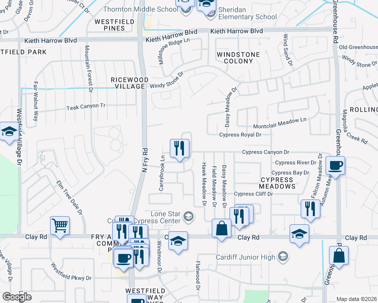 map of restaurants, bars, coffee shops, grocery stores, and more near 4523 Hall Croft Chase Lane in Katy