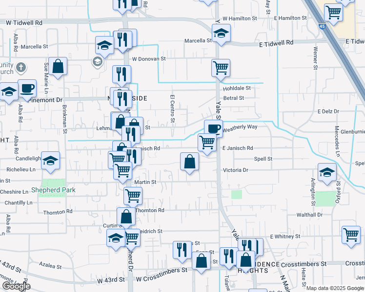 map of restaurants, bars, coffee shops, grocery stores, and more near 403 Delz Street in Houston