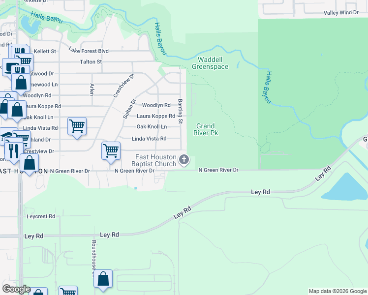 map of restaurants, bars, coffee shops, grocery stores, and more near 9330 Linda Vista Road in Houston