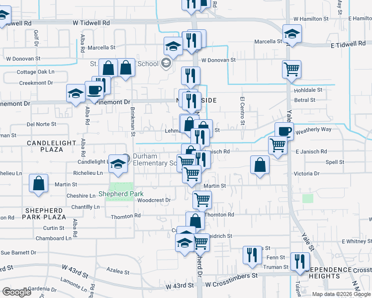 map of restaurants, bars, coffee shops, grocery stores, and more near 707 Lehman Street in Houston