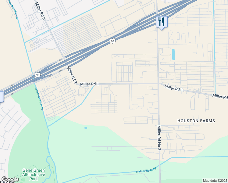 map of restaurants, bars, coffee shops, grocery stores, and more near 15438 Miller Road 1 in Houston