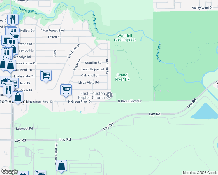 map of restaurants, bars, coffee shops, grocery stores, and more near 9330 Linda Vista Road in Houston
