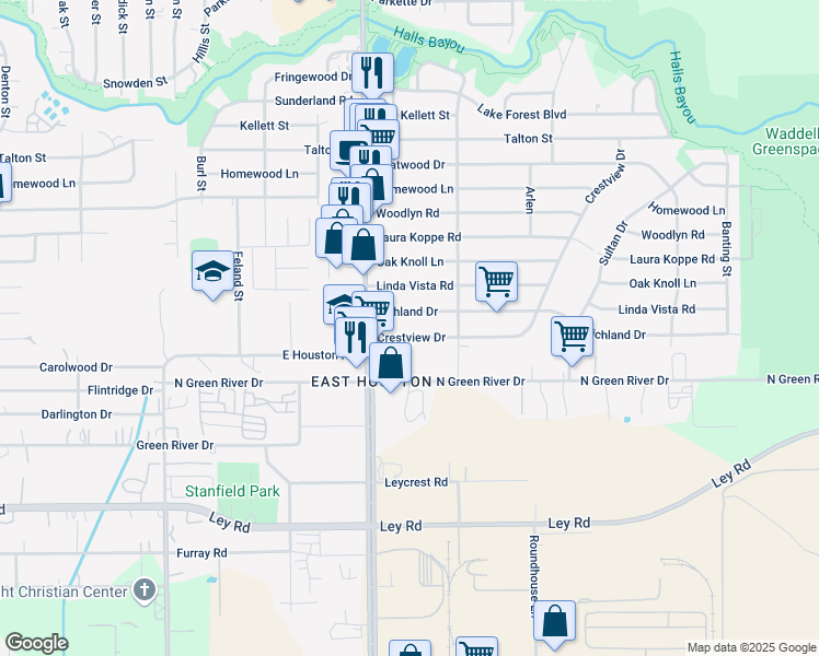 map of restaurants, bars, coffee shops, grocery stores, and more near 8836 Richland Drive in Houston