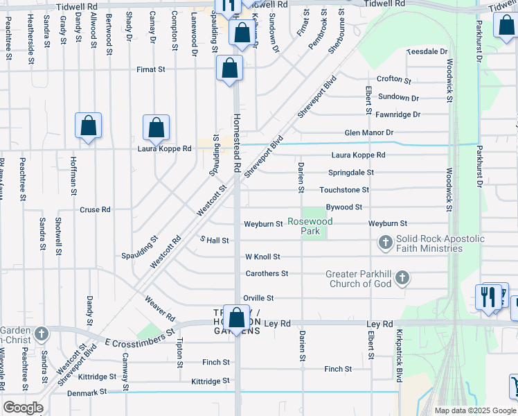 map of restaurants, bars, coffee shops, grocery stores, and more near 7118 Touchstone Street in Houston