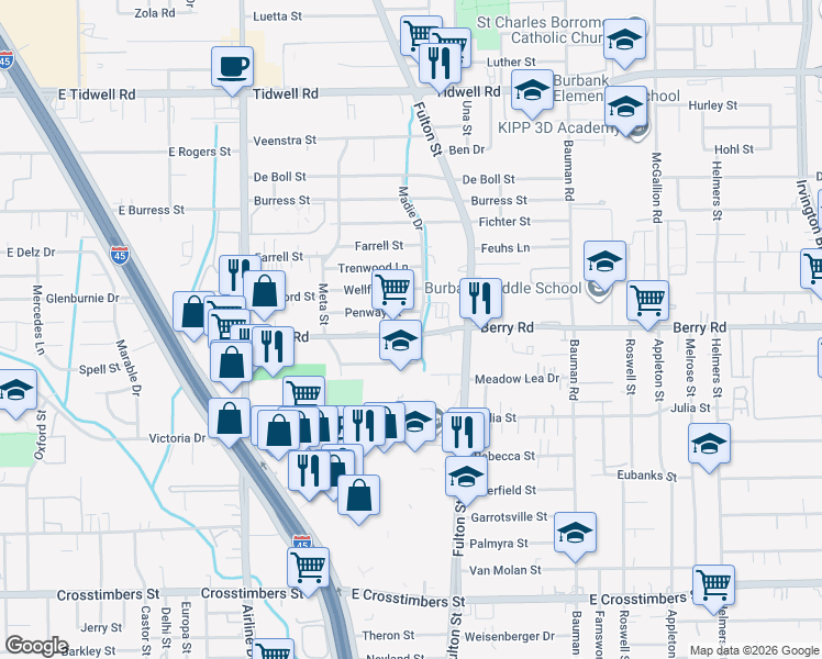 map of restaurants, bars, coffee shops, grocery stores, and more near 62 Penway Street in Houston