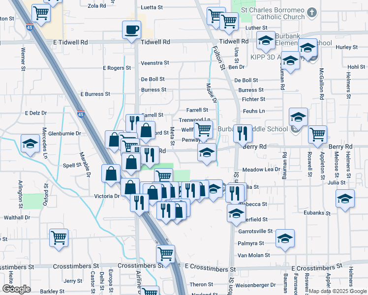 map of restaurants, bars, coffee shops, grocery stores, and more near 32 Penway Street in Houston