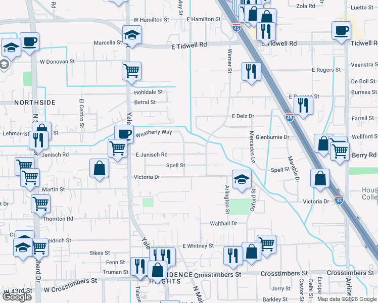 map of restaurants, bars, coffee shops, grocery stores, and more near 234 Bizerte Street in Houston