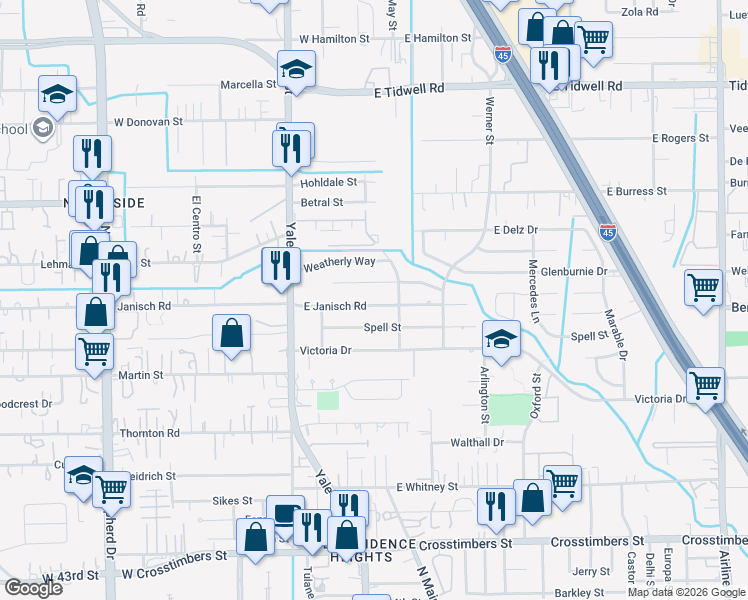 map of restaurants, bars, coffee shops, grocery stores, and more near 202 Bizerte Street in Houston