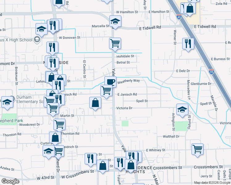 map of restaurants, bars, coffee shops, grocery stores, and more near 4913 Yale Street in Houston