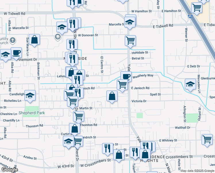 map of restaurants, bars, coffee shops, grocery stores, and more near 403 Delz Street in Houston