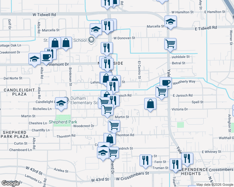 map of restaurants, bars, coffee shops, grocery stores, and more near 4910 North Shepherd Drive in Houston