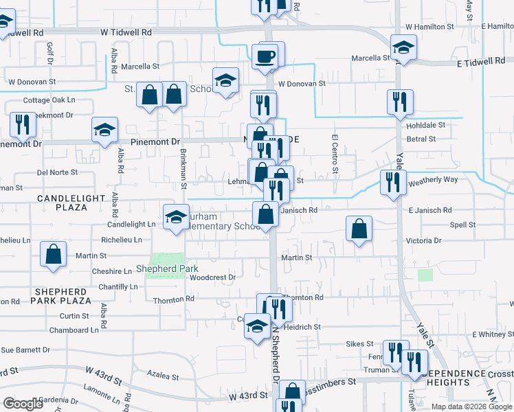 map of restaurants, bars, coffee shops, grocery stores, and more near 707 Lehman Street in Houston