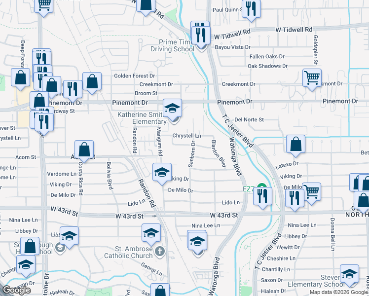 map of restaurants, bars, coffee shops, grocery stores, and more near 4702 Carleen Road in Houston