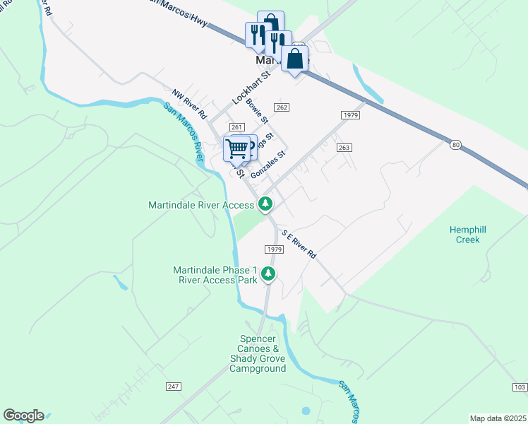 map of restaurants, bars, coffee shops, grocery stores, and more near 408 Farm to Market Road 1979 in Martindale