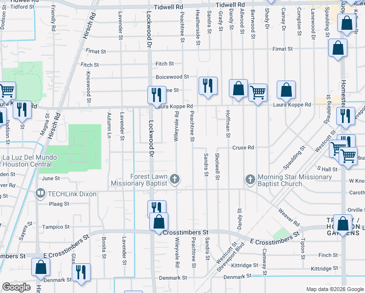map of restaurants, bars, coffee shops, grocery stores, and more near 8510 Wileyvale Road in Houston