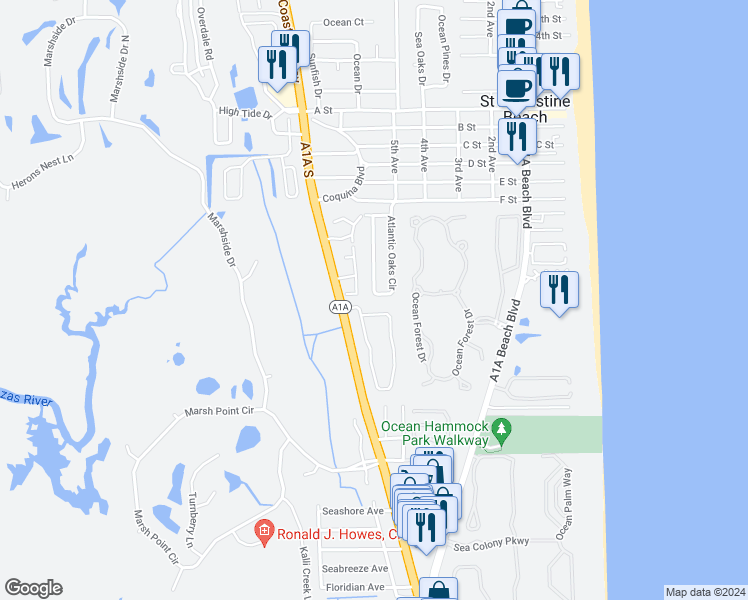 map of restaurants, bars, coffee shops, grocery stores, and more near 39 Atlantic Oaks Circle in St. Augustine