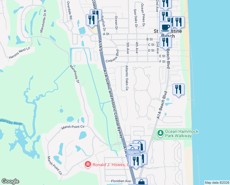 map of restaurants, bars, coffee shops, grocery stores, and more near 152 Bay Bridge Drive in St. Augustine