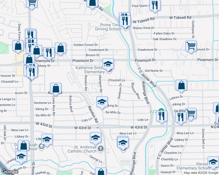 map of restaurants, bars, coffee shops, grocery stores, and more near 4730 Carleen Road in Houston