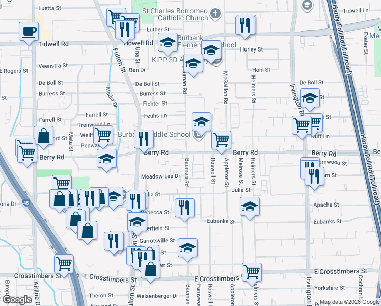 map of restaurants, bars, coffee shops, grocery stores, and more near 301 Berry Road in Houston
