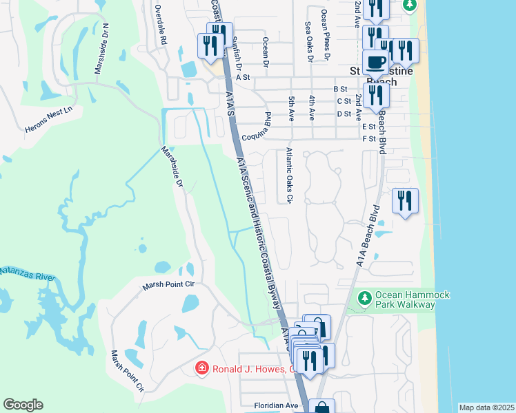 map of restaurants, bars, coffee shops, grocery stores, and more near 152 Bay Bridge Drive in St. Augustine
