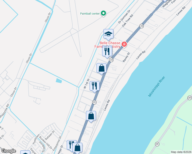 map of restaurants, bars, coffee shops, grocery stores, and more near 109 Concord Street in Belle Chasse