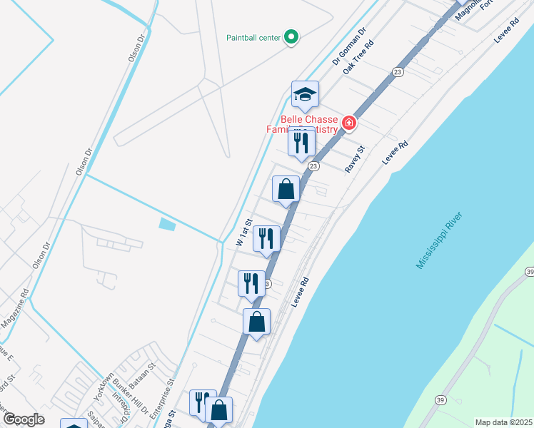 map of restaurants, bars, coffee shops, grocery stores, and more near 109 Concord Street in Belle Chasse