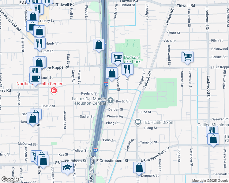 map of restaurants, bars, coffee shops, grocery stores, and more near 8504 Eastex Freeway in Houston