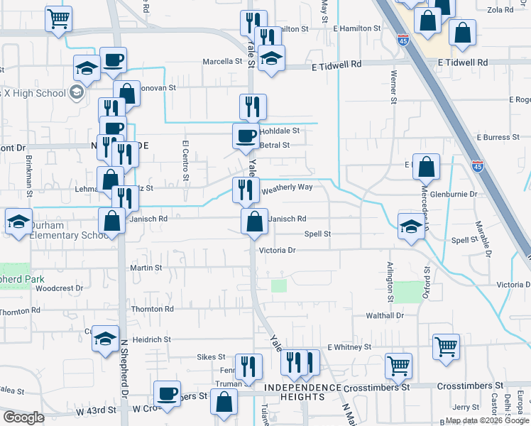 map of restaurants, bars, coffee shops, grocery stores, and more near 126 Bizerte Street in Houston