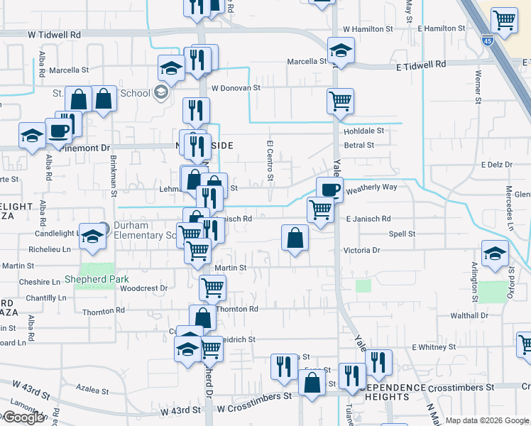 map of restaurants, bars, coffee shops, grocery stores, and more near 411 Delz Street in Houston