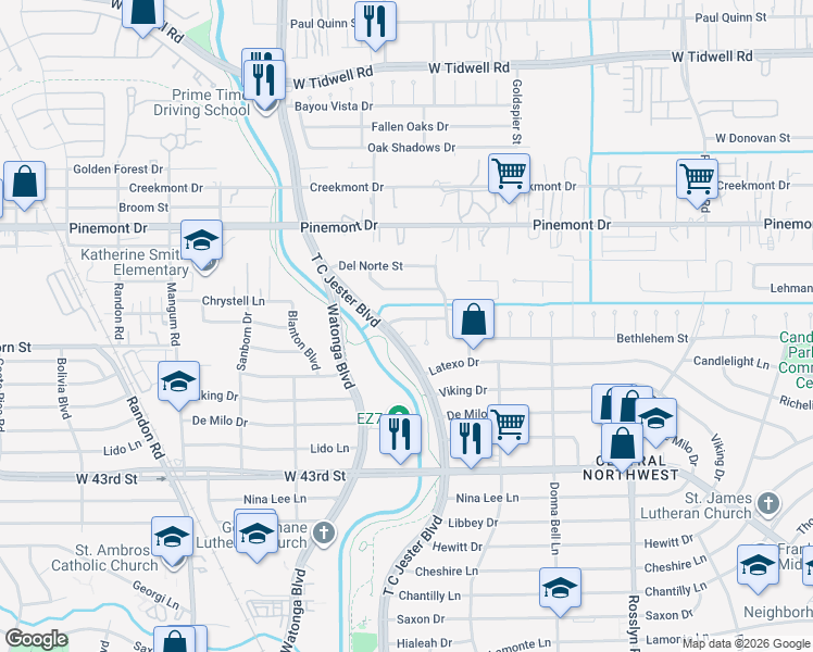 map of restaurants, bars, coffee shops, grocery stores, and more near 2330 Carleen Road in Houston