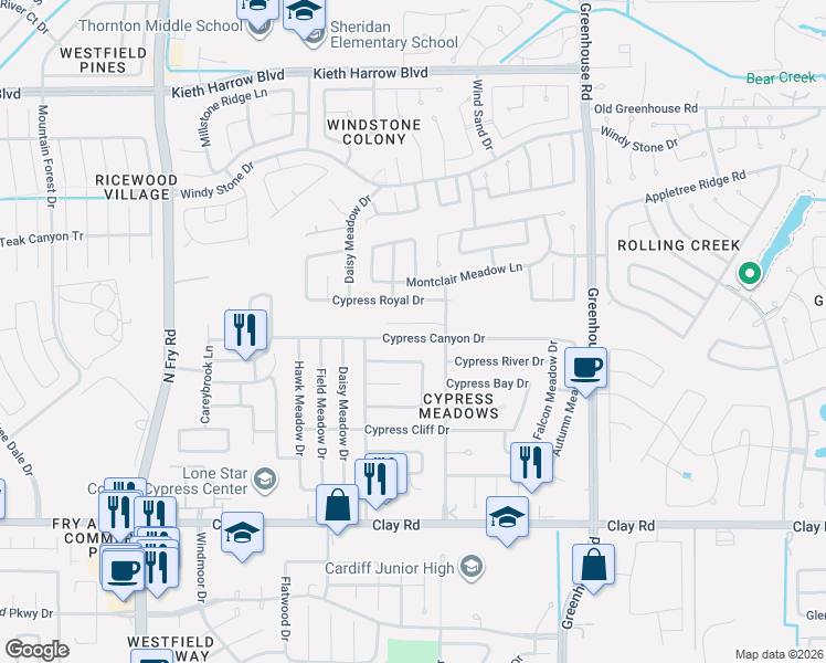 map of restaurants, bars, coffee shops, grocery stores, and more near 19418 Cypress Canyon Drive in Katy
