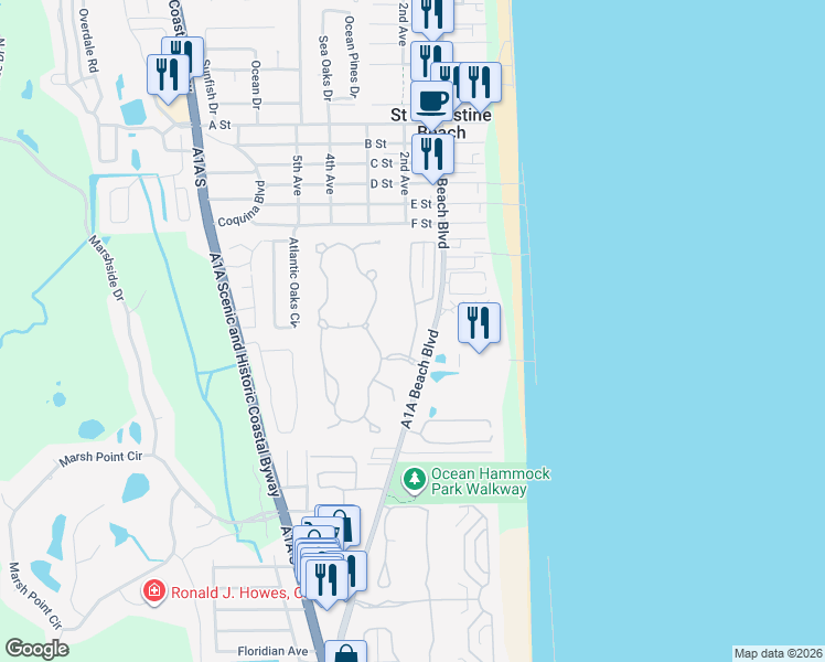 map of restaurants, bars, coffee shops, grocery stores, and more near 1256 Makarios Drive in St. Augustine