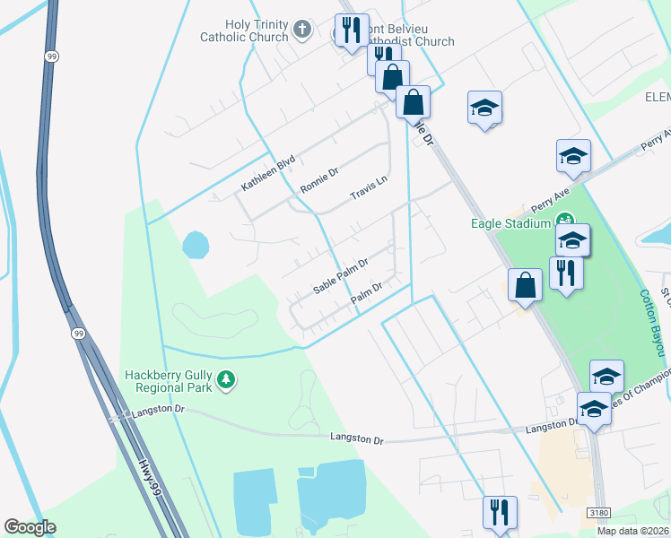 map of restaurants, bars, coffee shops, grocery stores, and more near 3118 Royal Palm Drive in Baytown