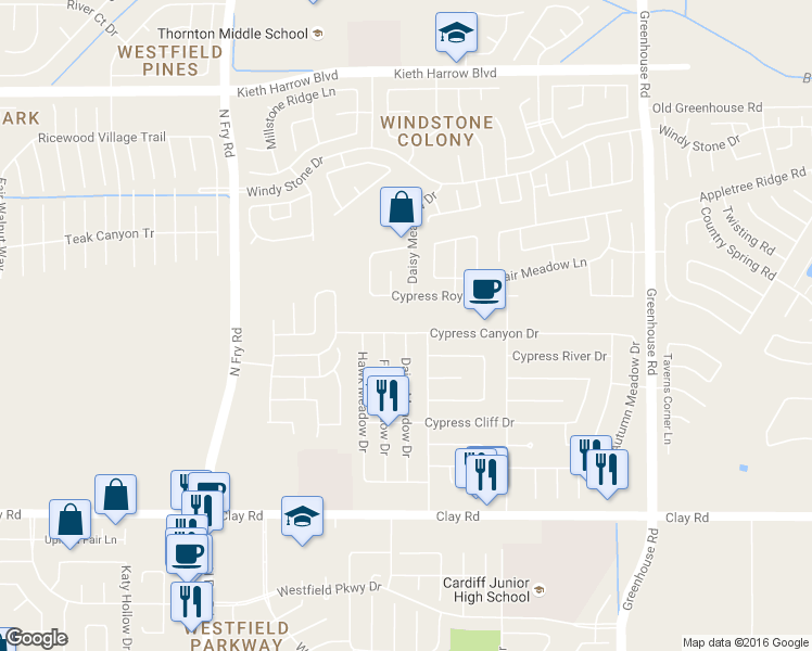 map of restaurants, bars, coffee shops, grocery stores, and more near 19518 Cypress Canyon Dr in Katy