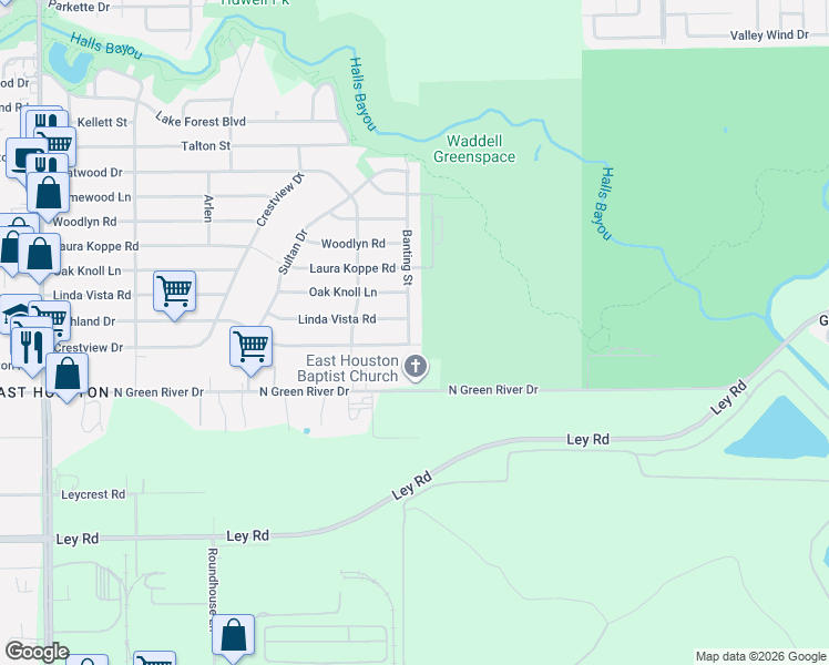 map of restaurants, bars, coffee shops, grocery stores, and more near 9330 Linda Vista Road in Houston