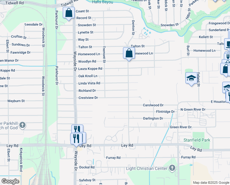 map of restaurants, bars, coffee shops, grocery stores, and more near 8138 Richland Drive in Houston