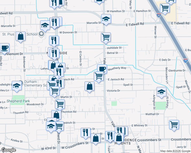 map of restaurants, bars, coffee shops, grocery stores, and more near 330 Janisch Road in Houston