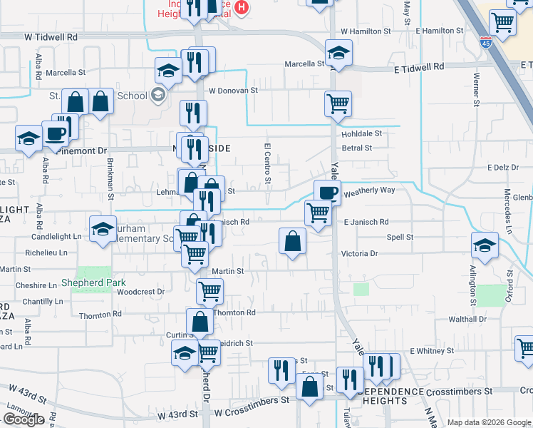 map of restaurants, bars, coffee shops, grocery stores, and more near 411 Delz Street in Houston
