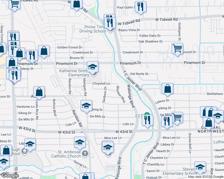 map of restaurants, bars, coffee shops, grocery stores, and more near 4606 Carleen Road in Houston