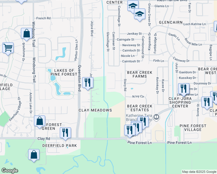 map of restaurants, bars, coffee shops, grocery stores, and more near 17222 Forest Ridge Point in Houston