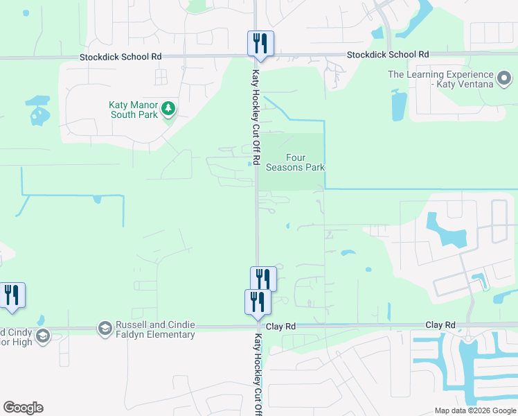 map of restaurants, bars, coffee shops, grocery stores, and more near 4600 Katy Hockley Cut Off Road in Katy