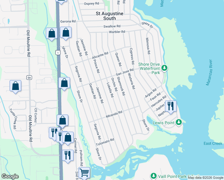 map of restaurants, bars, coffee shops, grocery stores, and more near 323 Lobelia Road in St. Augustine